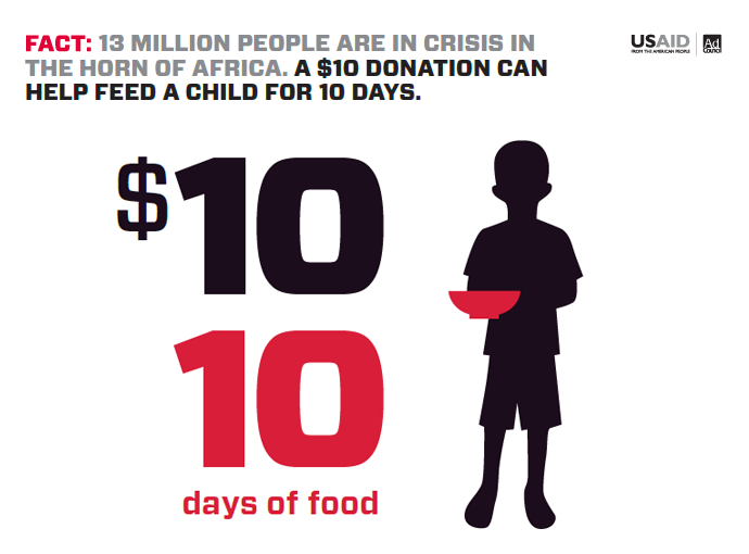 13 Million people are in crisis in the Horn of Africa. A $10 donation can help feed a child for 10 days.